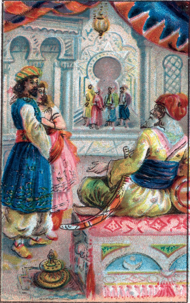 معروف أمام الملك: حكاية معروف (معروف) المنقذ "" ألف ليلة وليلة "(1001 ليلة أو Le mille e una notte ، الليالي العربية) ، الطباعة الحجرية الملونة في نهاية القرن التاسع عشر. بواسطة فنان غير معروف