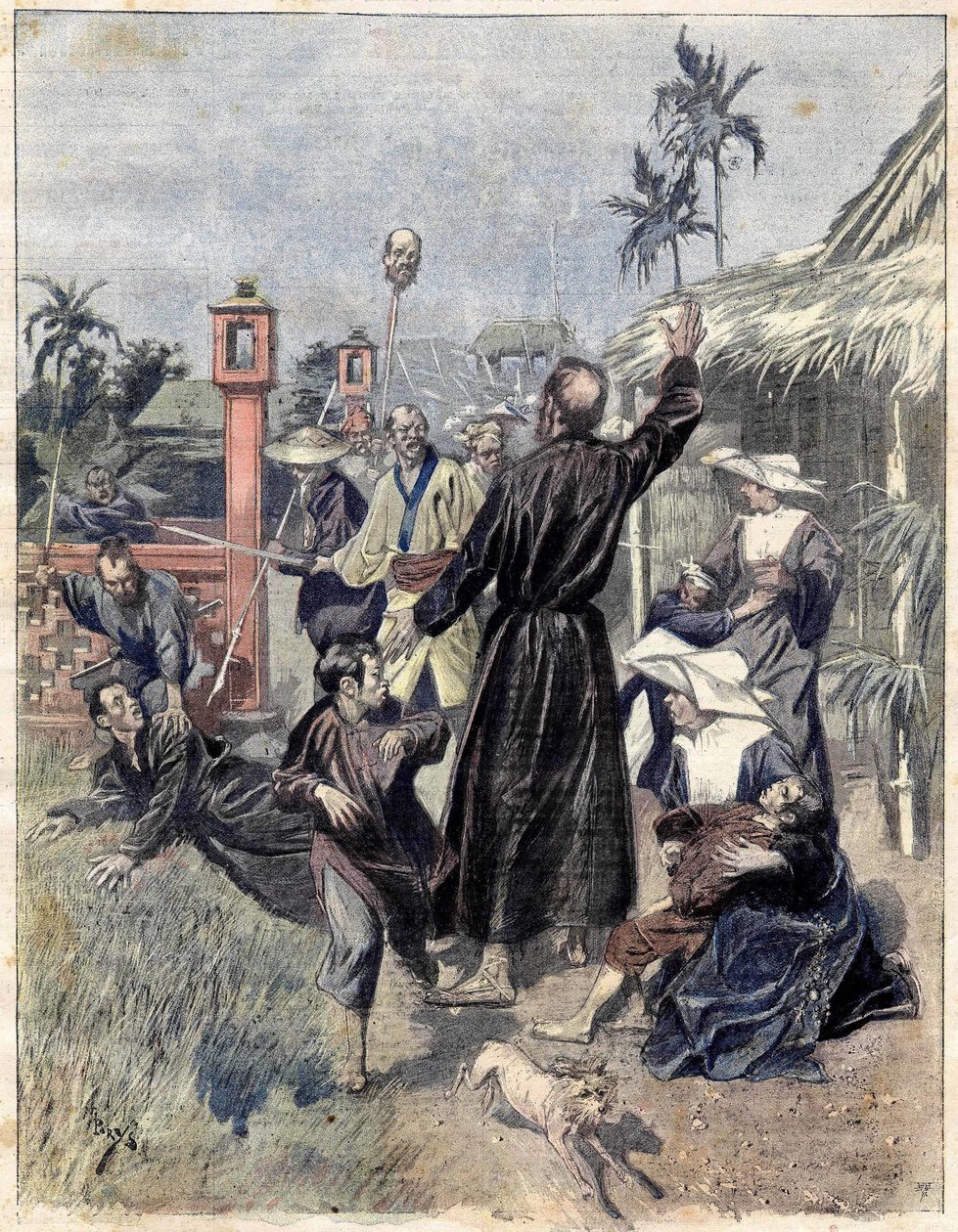 مذبحة للمسيحيين في الصين عام 1893 ، استنادًا إلى لوحة M. de Parys المائية لـ Le Soleil du dimanche. أكتوبر 1893 بواسطة فنان غير معروف