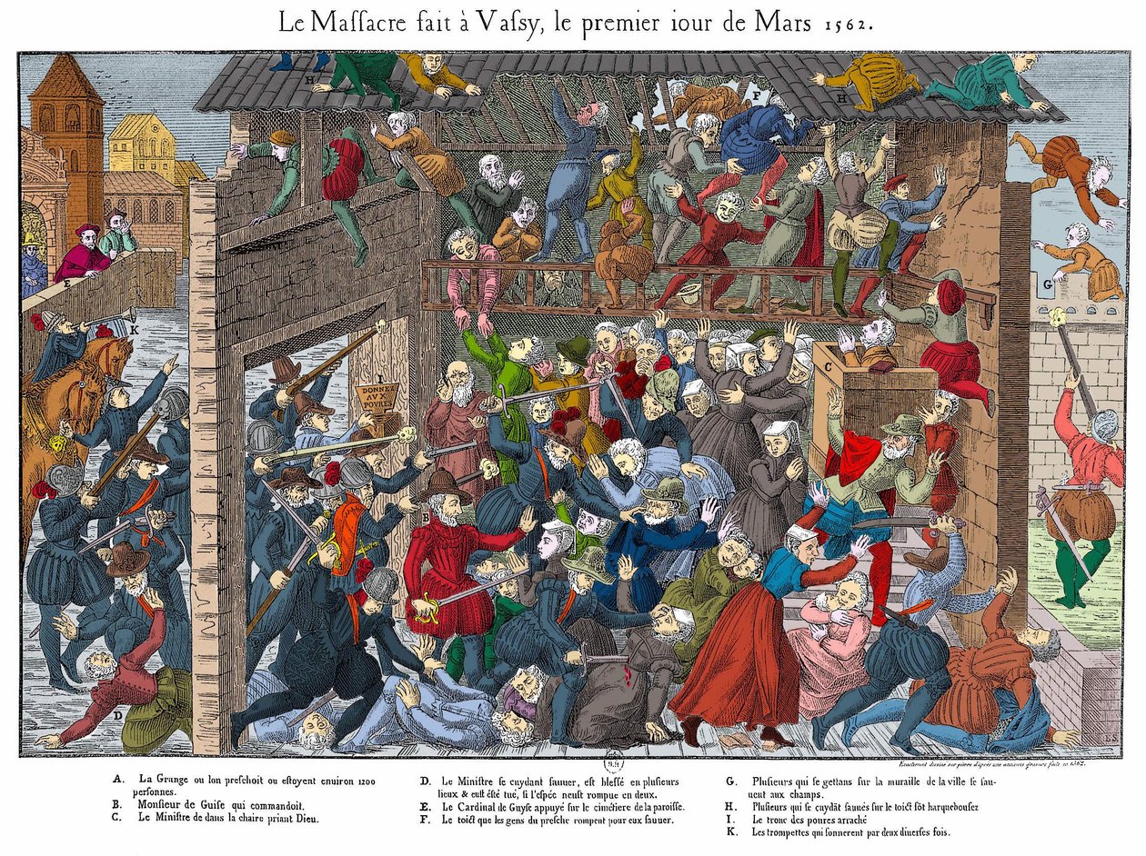 مجزرة السكان البروتستانت في واسي (فاسي) بتاريخ 1562/3/1 على يد أهالي Guise (بداية الحروب الدينية) بواسطة فنان غير معروف