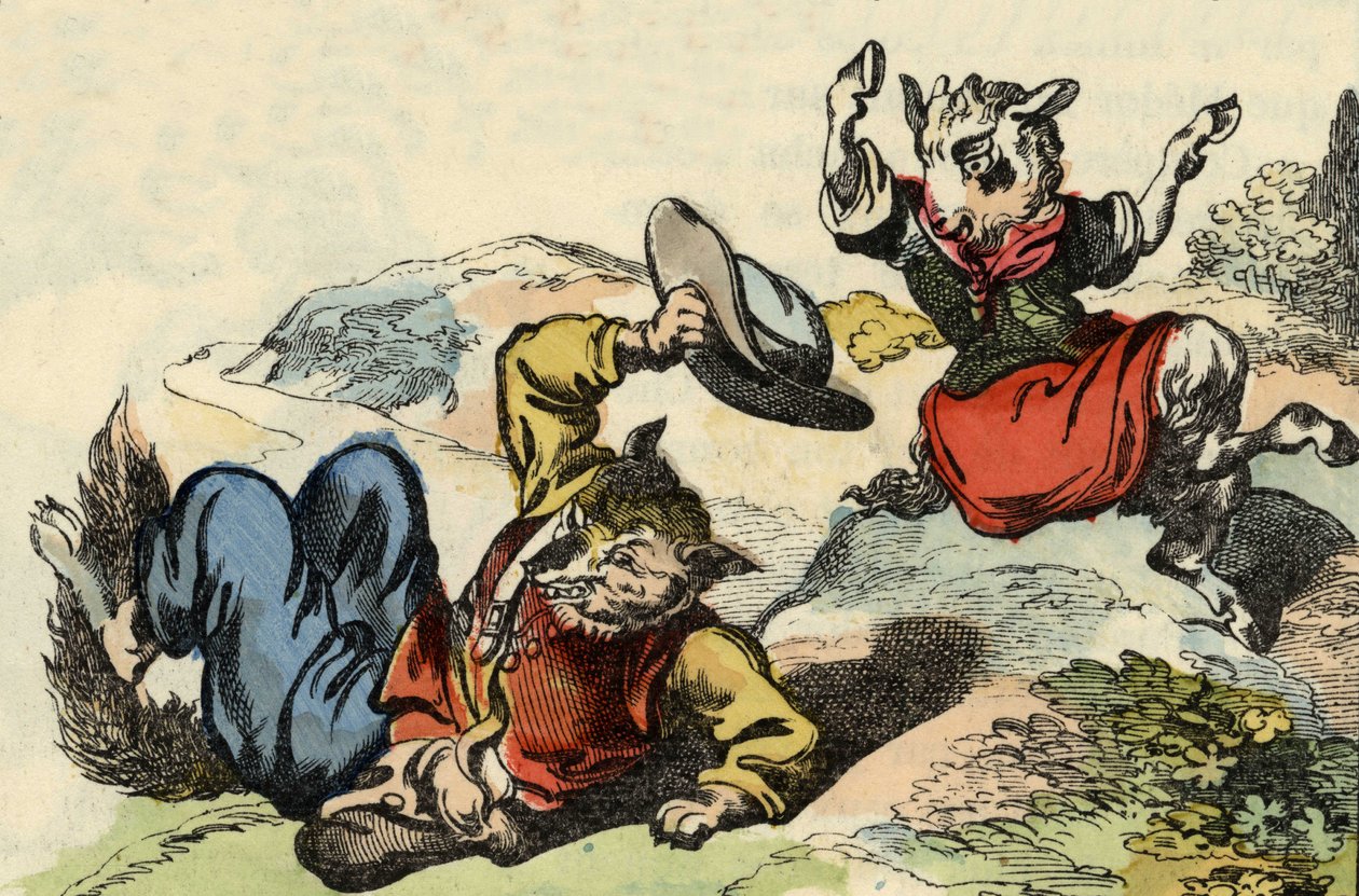 السيد فوكس يلعب مع ليتل جوت. رسم توضيحي لحكاية "Bon Medor and Little Chevrette" ". في "" حكايات من المنزل للصغار "". نقش مجهول من القرن التاسع عشر. بواسطة فنان غير معروف