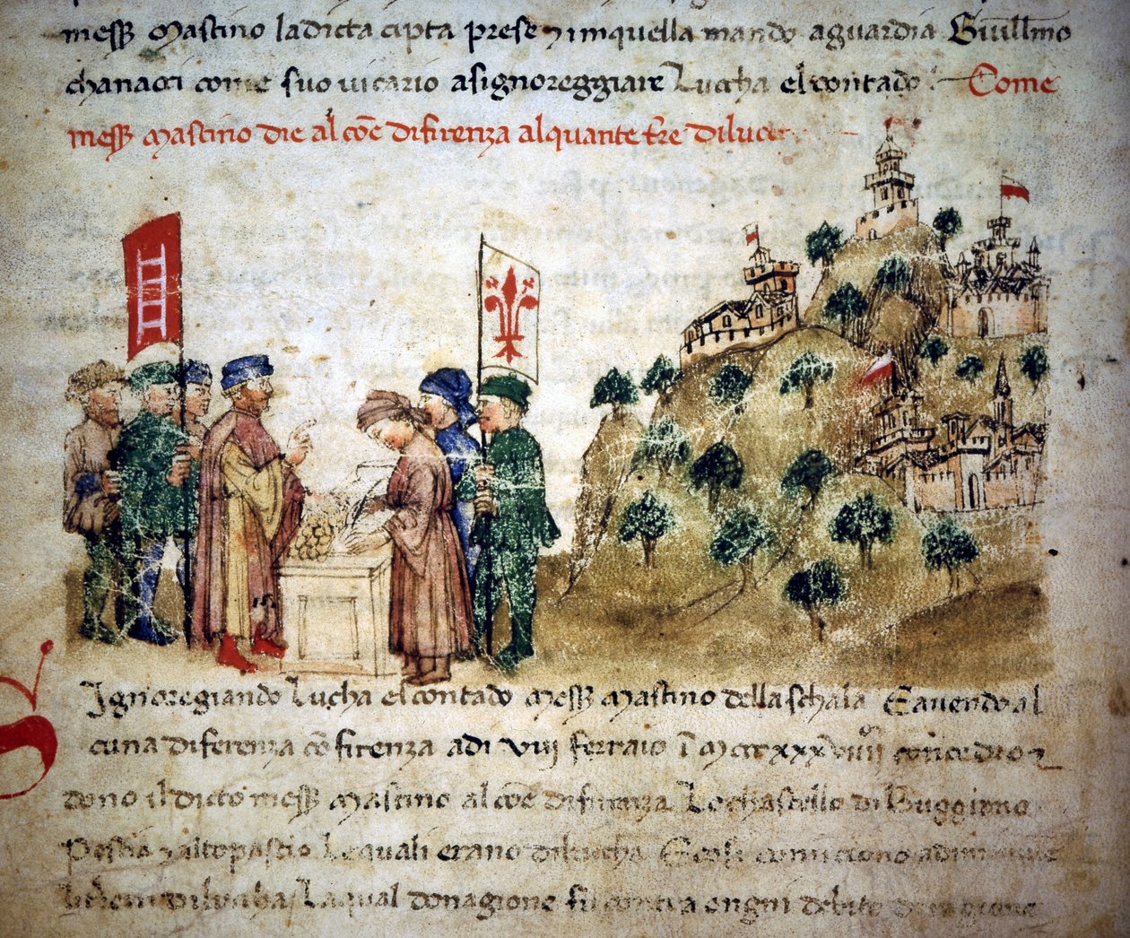 Mastino II de la Scala (1308 - 1351) يمنح مدينة فلورنسا الكثير من الأراضي من لوكا ، حوالي 1300 - في "" Croniche del Sercambi "، حوالي عام 1400. الأرشيف الوطني ، لوكا. بواسطة فنان غير معروف