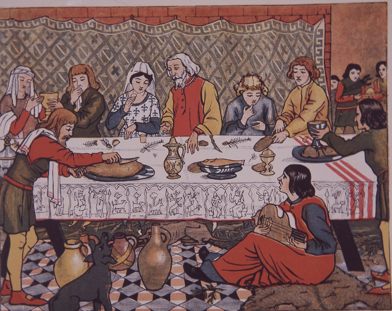 Medieval lord of manor dining (colour litho) بواسطة فنان غير معروف
