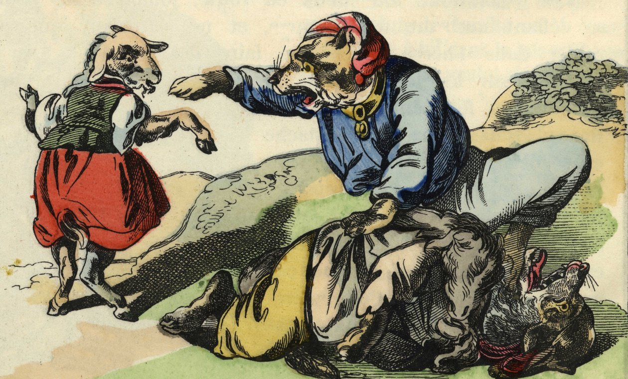 ميدور ينقذ الطاهي الصغير من الذئب. رسم توضيحي لحكاية "Bon Medor and Little Chevrette" ". في "" حكايات من المنزل للصغار "". نقش مجهول من القرن التاسع عشر. بواسطة فنان غير معروف