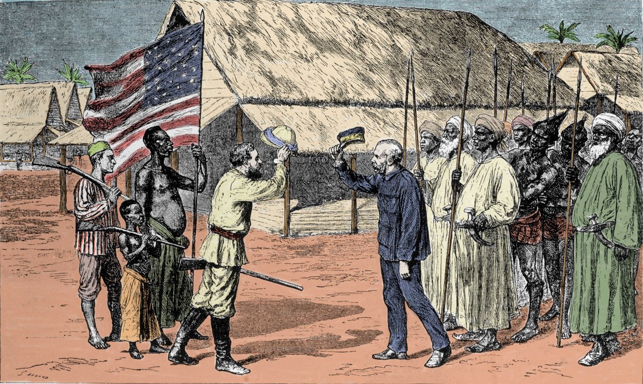 لقاء بين السير هنري مورتون ستانلي (1841-1904) وديفيد ليفنجستون (1813-1873) في عام 1871. بواسطة فنان غير معروف