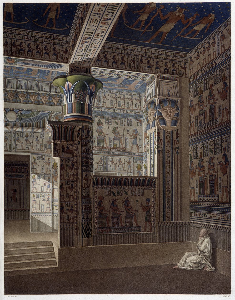 Memnonium Thebes، pl 37: منظر داخلي ملون لمعبد الغرب - في "" Egyptian Antiquites "، sd. القرن ال 19 بواسطة فنان غير معروف