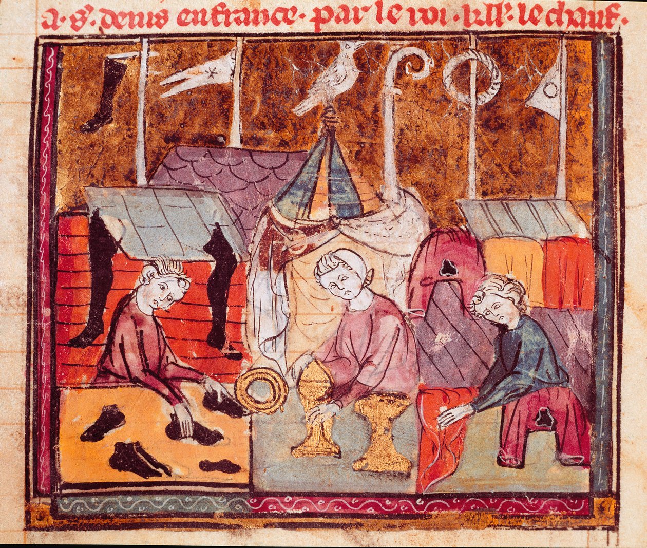 تجار (صانع أحذية وصائغ ذهب وتاجر أقمشة) في معرض Lendit بالقرب من Saint Denis Miniature من "" Grandes Chronicles de France "" 1375-1379 مكتبة البلدية ، Castres بواسطة فنان غير معروف