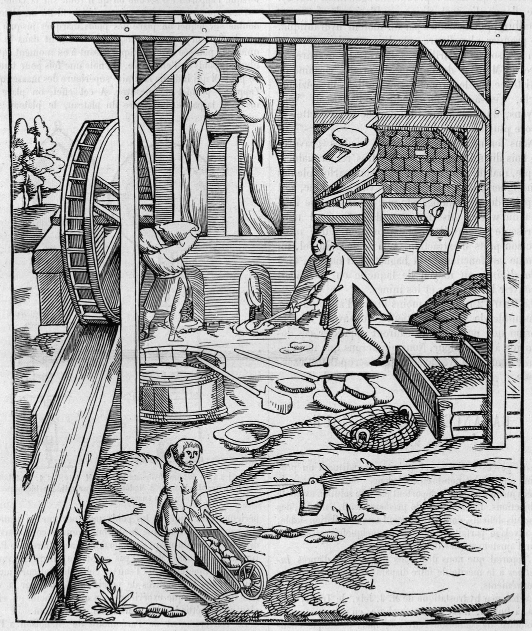 منفاخ فرن معدني يعمل بمحرك هيدروليكي. تشبيه الوجه (Fac-simile) لنقش منشور في "" Cosmographie "(1555) بواسطة سيباستيان مونستر. النقش في "" La Nature: revue des sciences et de leurs applications aux arts et a l'industrie "&q بواسطة فنان غير معروف