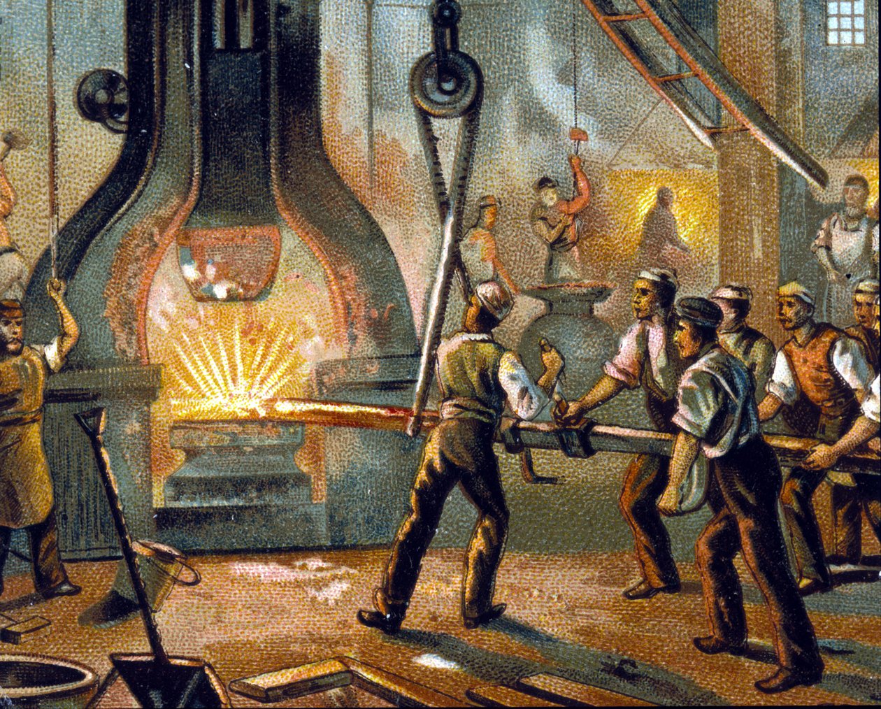 علم المعادن: drumhammer (drumhammer) - صناعة الحديد. الطباعة الحجرية الملونة 1890. بواسطة فنان غير معروف