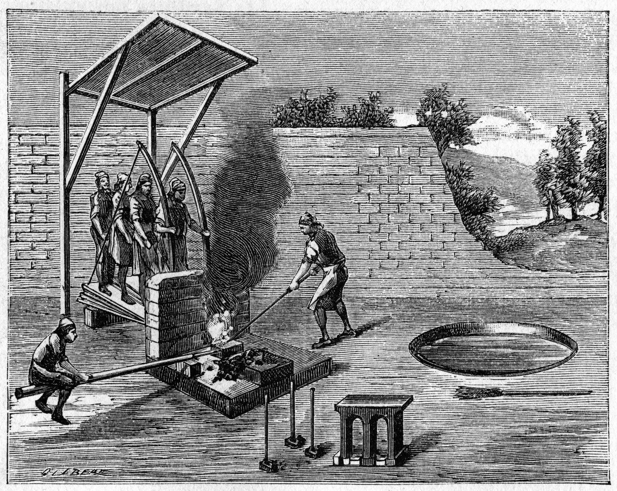 علم المعادن في القرن الثامن عشر: منزل متحرك للحدادين. النقش في "" La Nature: revue des sciences et de leurs applications aux arts et a l'industrie "" بتاريخ 8 أغسطس بواسطة فنان غير معروف