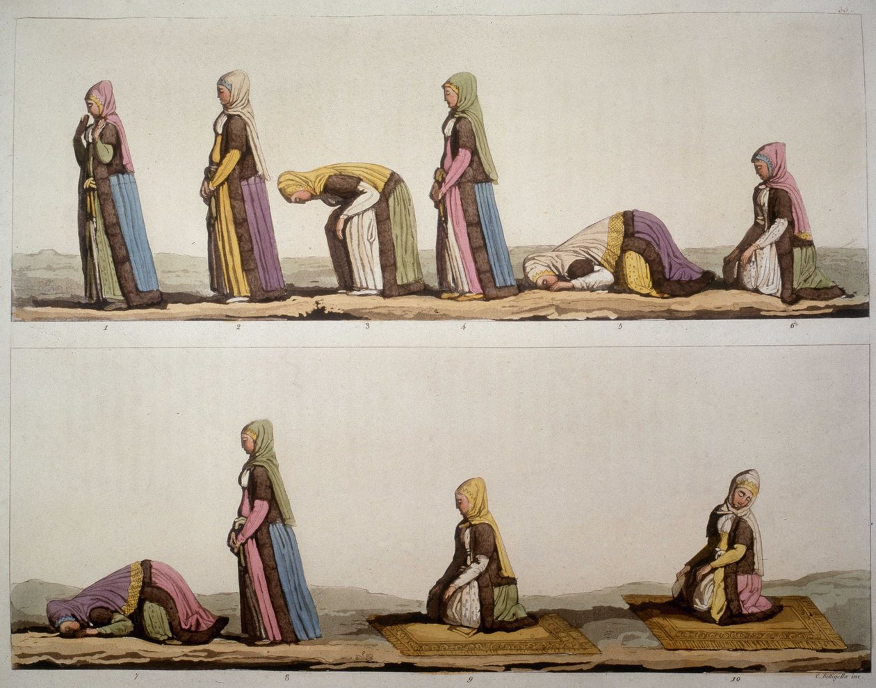 طريقة الصلاة لمواقف المسلمين. في "" الزي القديم والحديث "1819-1820 ، بقلم فيراريو. بواسطة فنان غير معروف
