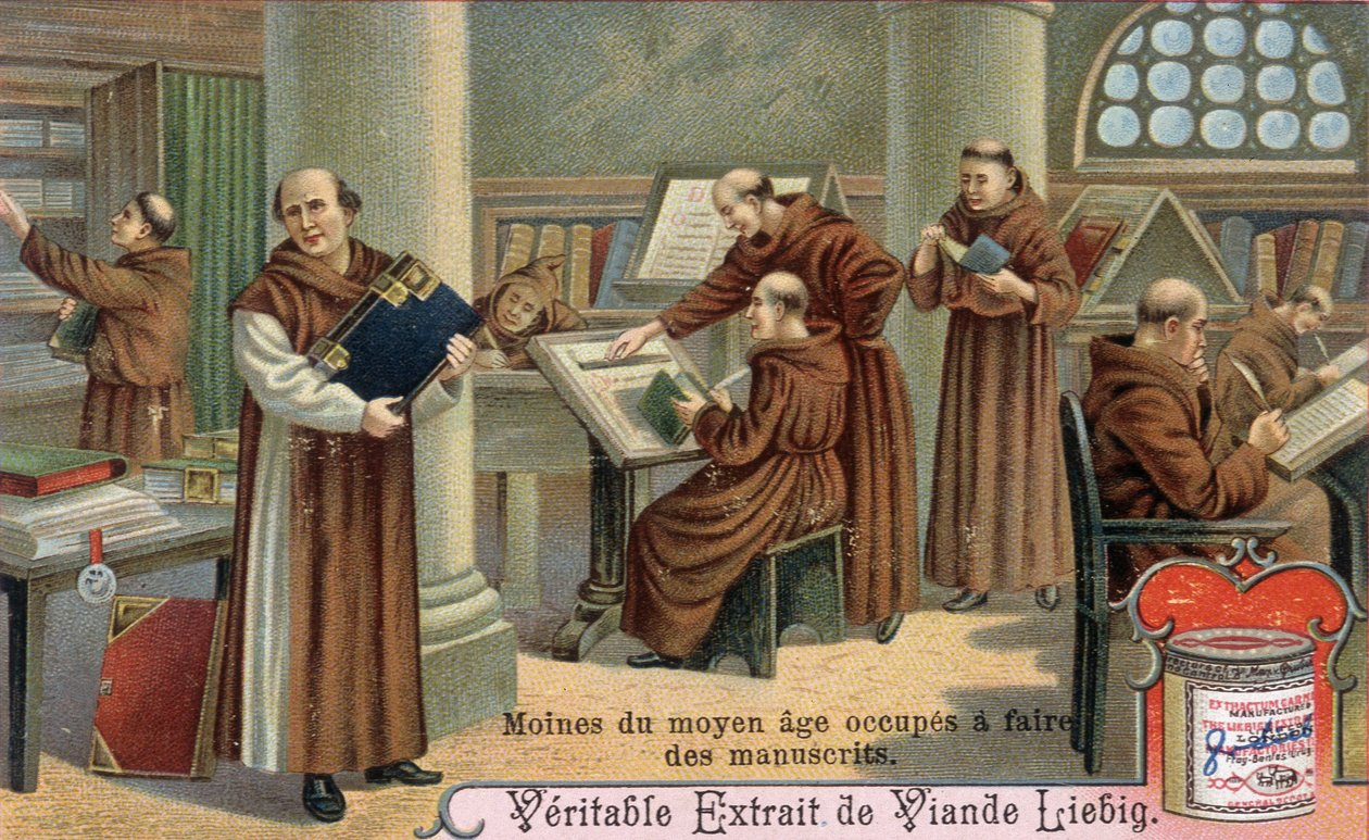 راهب العصور الوسطى كتابة المخطوطات. Chromolithography ، صورة Liebig بواسطة فنان غير معروف