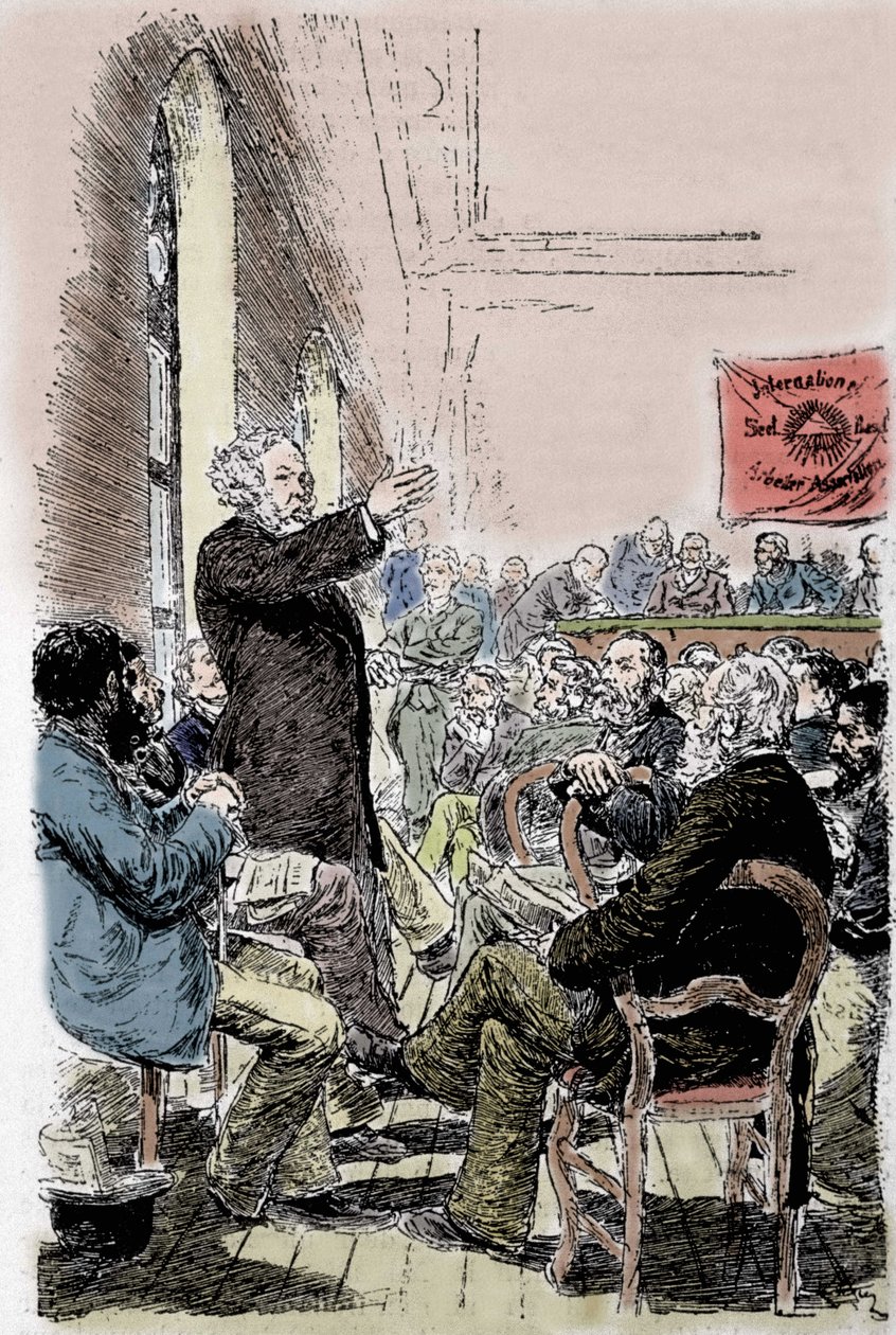 ميخائيل ألكساندروفيتش باكونين (باكونين) (1814-1876) ، فوضوي روسي في مؤتمر بيل بسويسرا في سبتمبر 1869. بواسطة فنان غير معروف