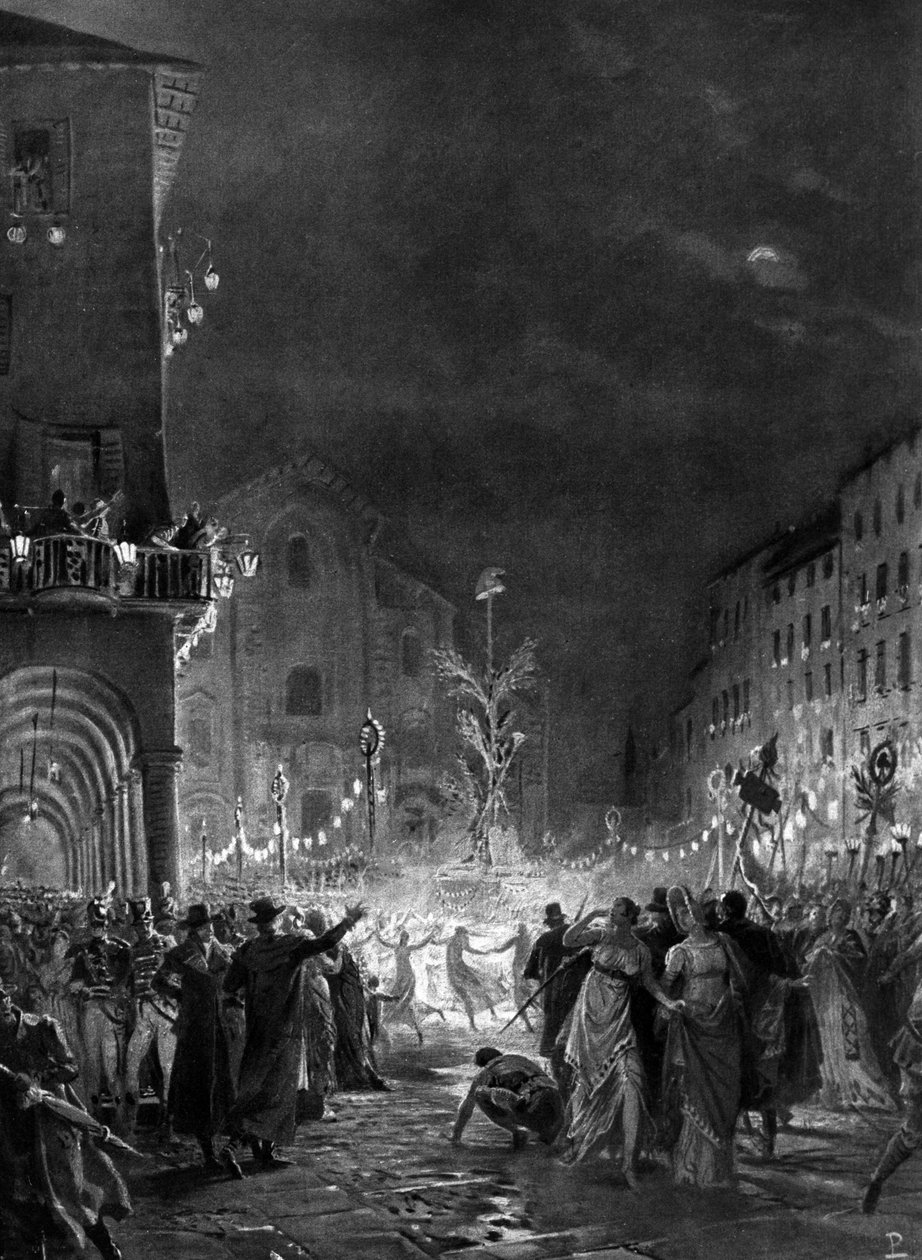 حشد من ميلانو في فرح حول شجرة الحرية ، رمز الانتصار على النظام القديم ، 1796/05. نقش القرن التاسع عشر بواسطة فنان غير معروف