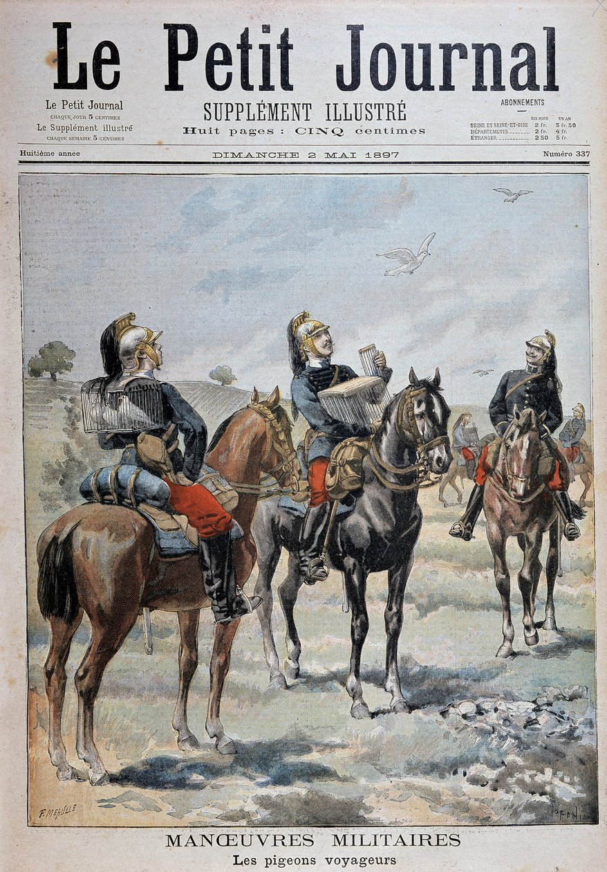 مناورات عسكرية: الحمام الزاجل - في "Le Petity Journal" بتاريخ 2/5/1897 بواسطة فنان غير معروف