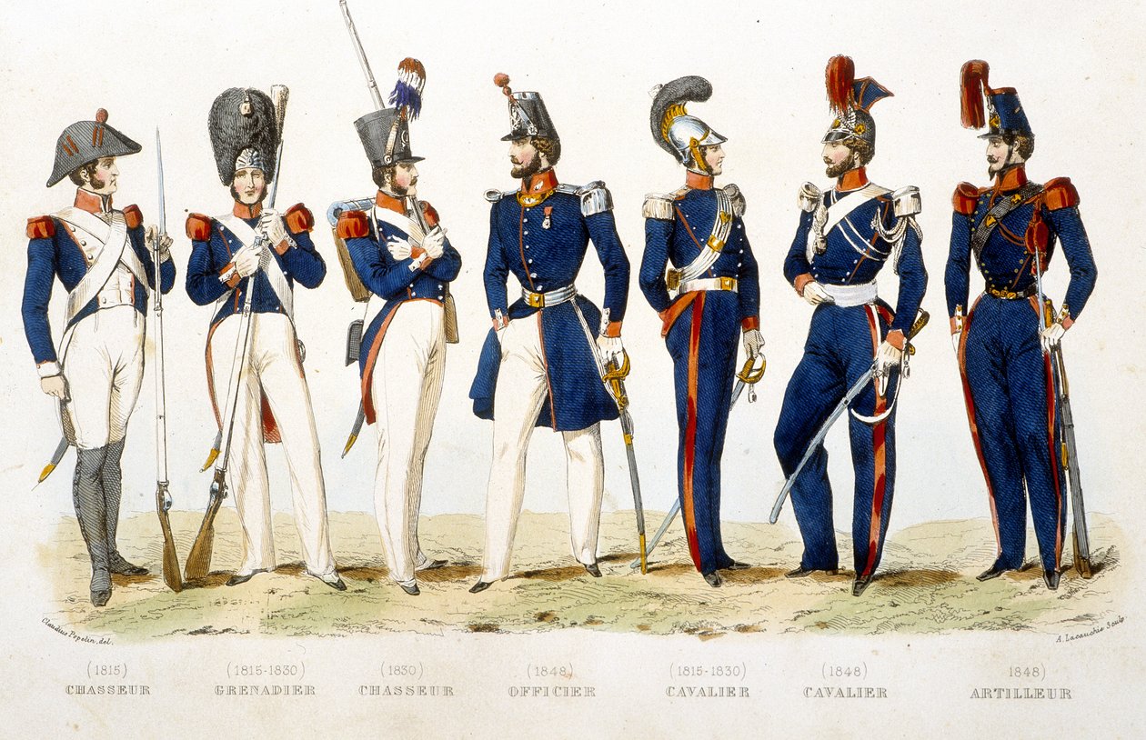 الزي العسكري: صياد (1815) ، غرينادير (1815 - 1830) ، صياد (1830) ، ضابط (1848) ، فارس (1815 - 1830) ، متسابق (1848) ، مدفعي (1848) - في "Fasttes de Gardes nationales de France " بواسطة فنان غير معروف
