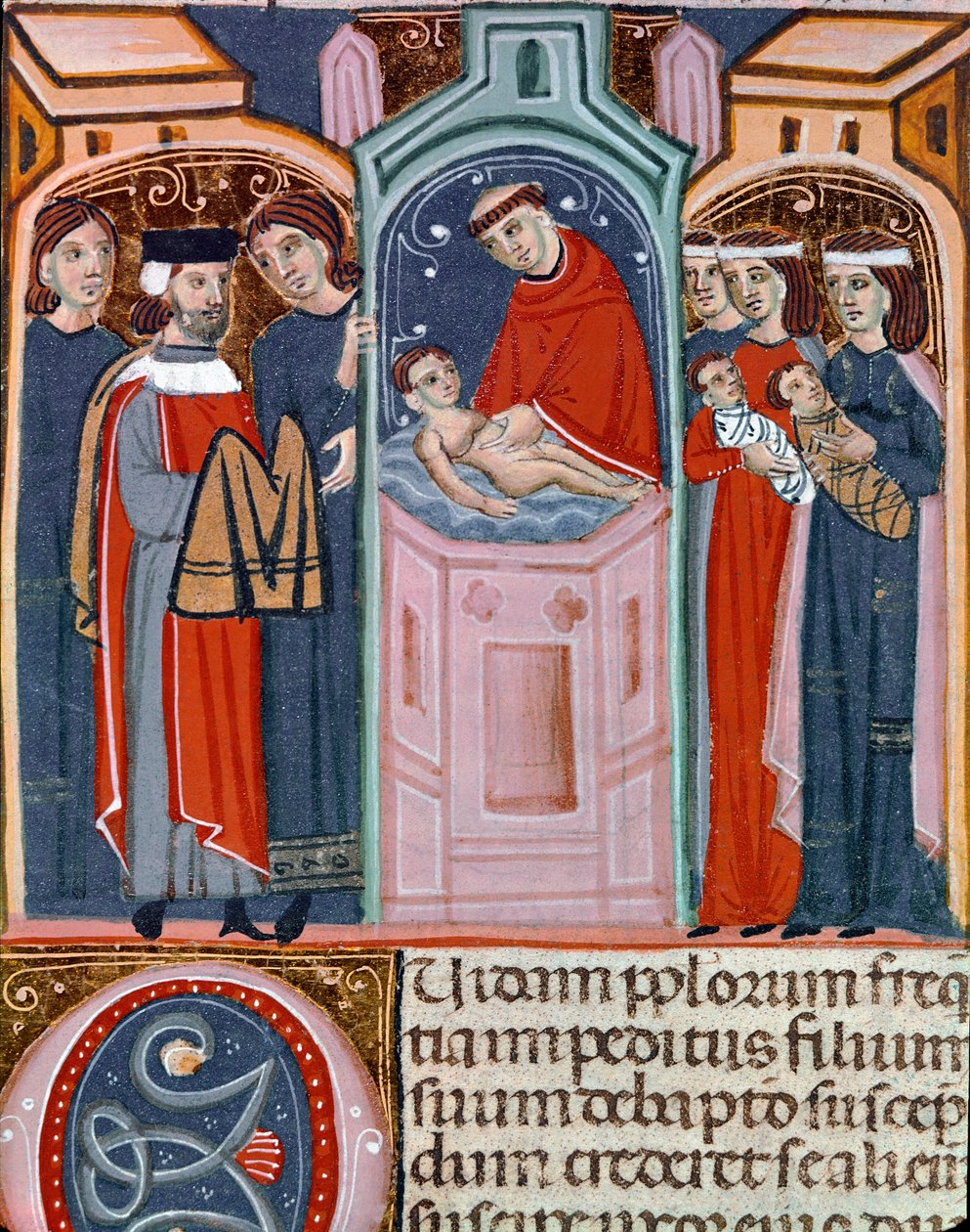 مشهد معمودية مصغر مأخوذ من كود جستنيان (Codex Justinianus) ، مجموعة من القوانين والمؤسسات المنشورة في عهد الإمبراطور الروماني جستنيان الأول من بيزنطة (483-565) بواسطة فنان غير معروف