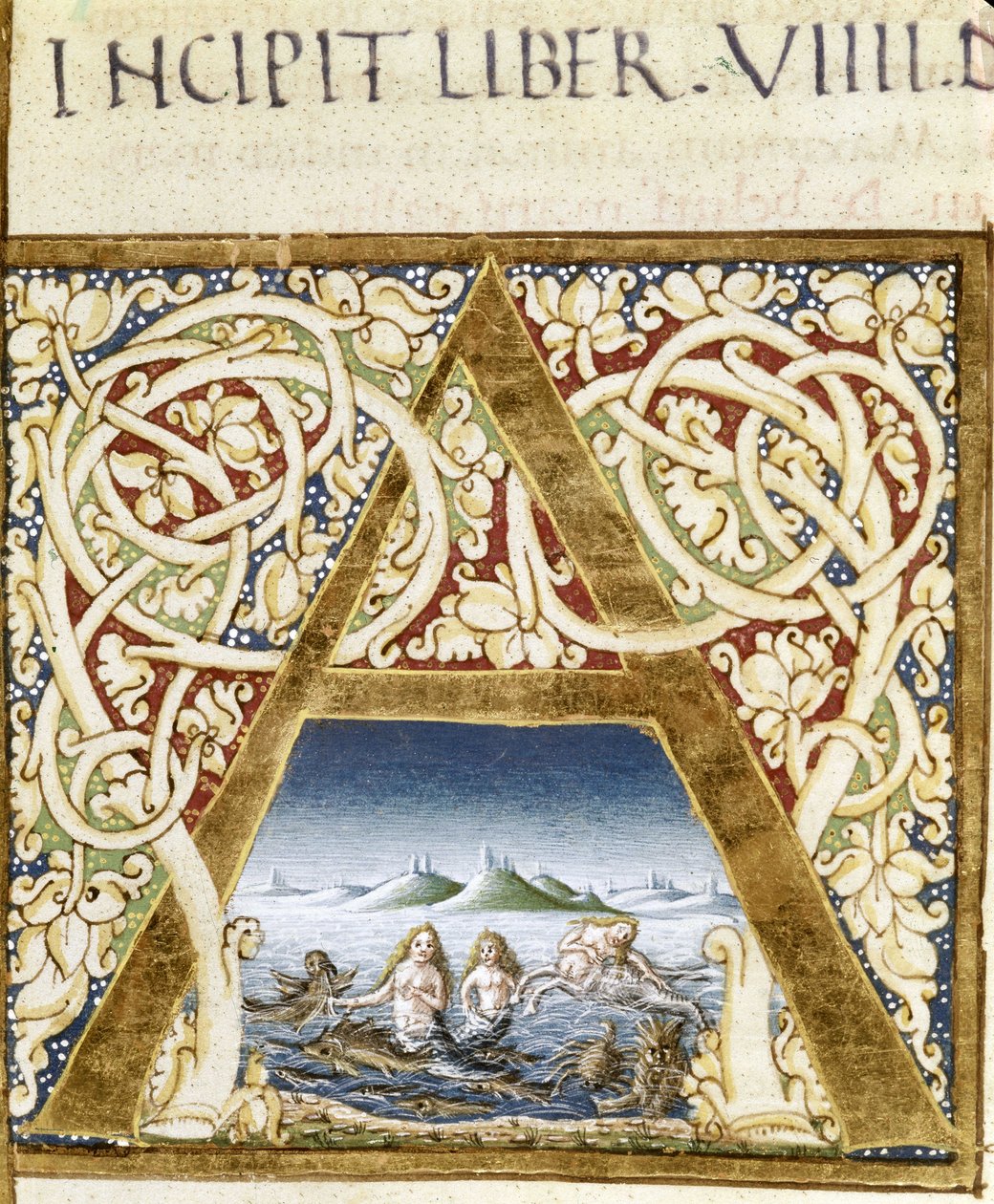 مصغرة تمثل صفارات الإنذار. Lettrine "" A "- في" Naturalis Historiae "بقلم بليني الأنشيان (23 - 79) ، أد. 1480 مكتبة فيكتوريا وألبرت بواسطة فنان غير معروف