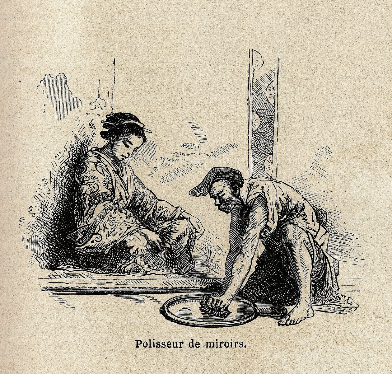 ملمع مرآة. نقش لتوضيح الرحلة إلى اليابان في 1863-1864 ، بقلم آيم هامبرت ، وزير الاتحاد السويسري ، في "Le Tour du monde ، nouveau journal des voyages" ، المنشور تحت إشراف إدوارد شارتون بواسطة فنان غير معروف