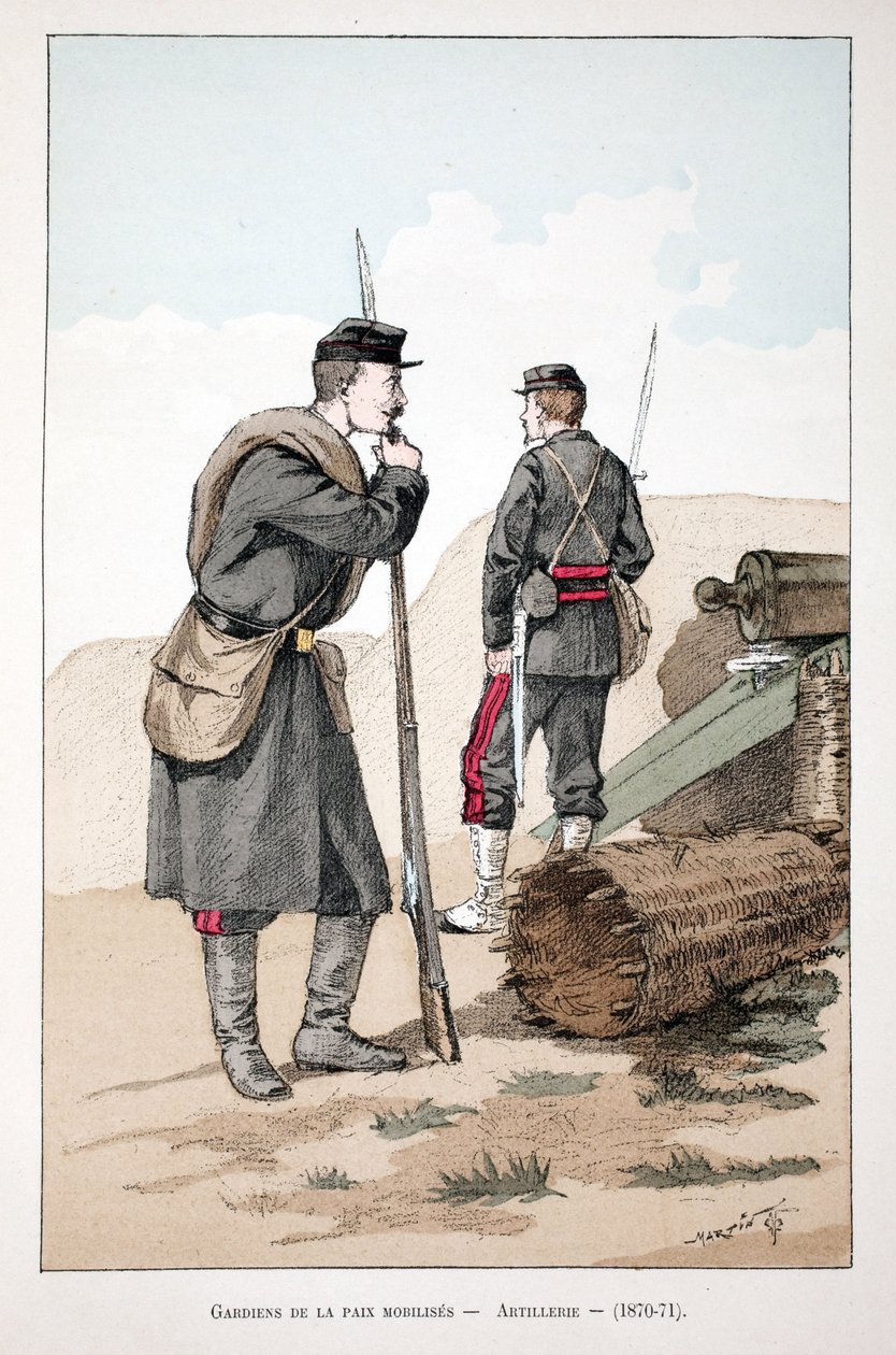جنود حفظ سلام معبأون (1870-1871). النقش بالألوان ، للتوضيح ، كتاب "Histoire du corps des gardiens de la paix" "" "الذي نُشر تحت رعاية حاكم شرطة نهر السين لويس ليبين (1846-1933) ، بقلم ألفريد ري (1864-؟) ولويس فيرون بواسطة فنان غير معروف
