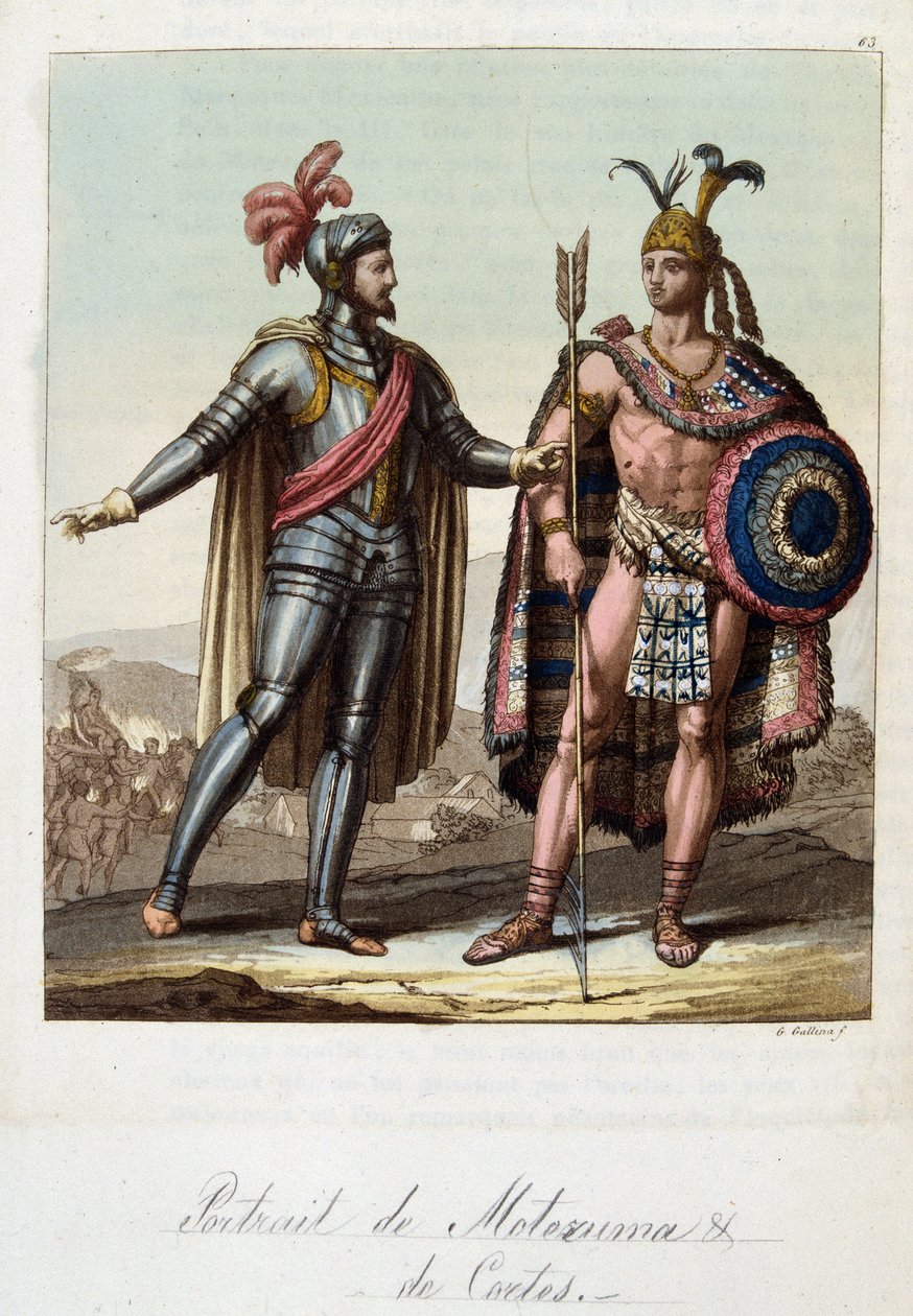 مونتيزوما الثاني ، ملك الأزتك ، وهيرنان (أو هيرناندو) كورتيس أو فيرناند كورتيز (1485-1547) ، الفاتح الإسباني - في "" الزي القديم والحديث "بقلم فيراريو ، محرر. ميلان بواسطة فنان غير معروف