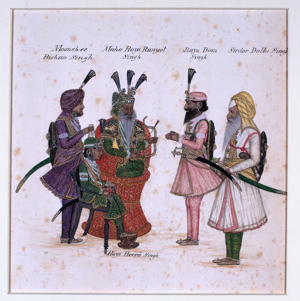 "Moonshee Bishun Singh، Maha Raja Ranjeet Singh، Raja Dian Singh، Sirdar Dulla Singh" بواسطة فنان غير معروف