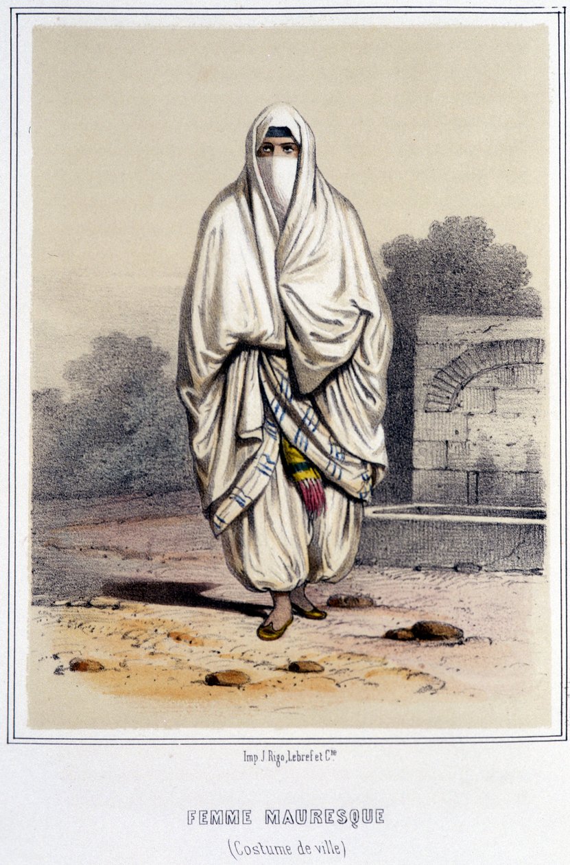 امرأة مغاربية في زي المدينة بالجزائر العاصمة خلال النصف الثاني من القرن التاسع عشر. بواسطة فنان غير معروف