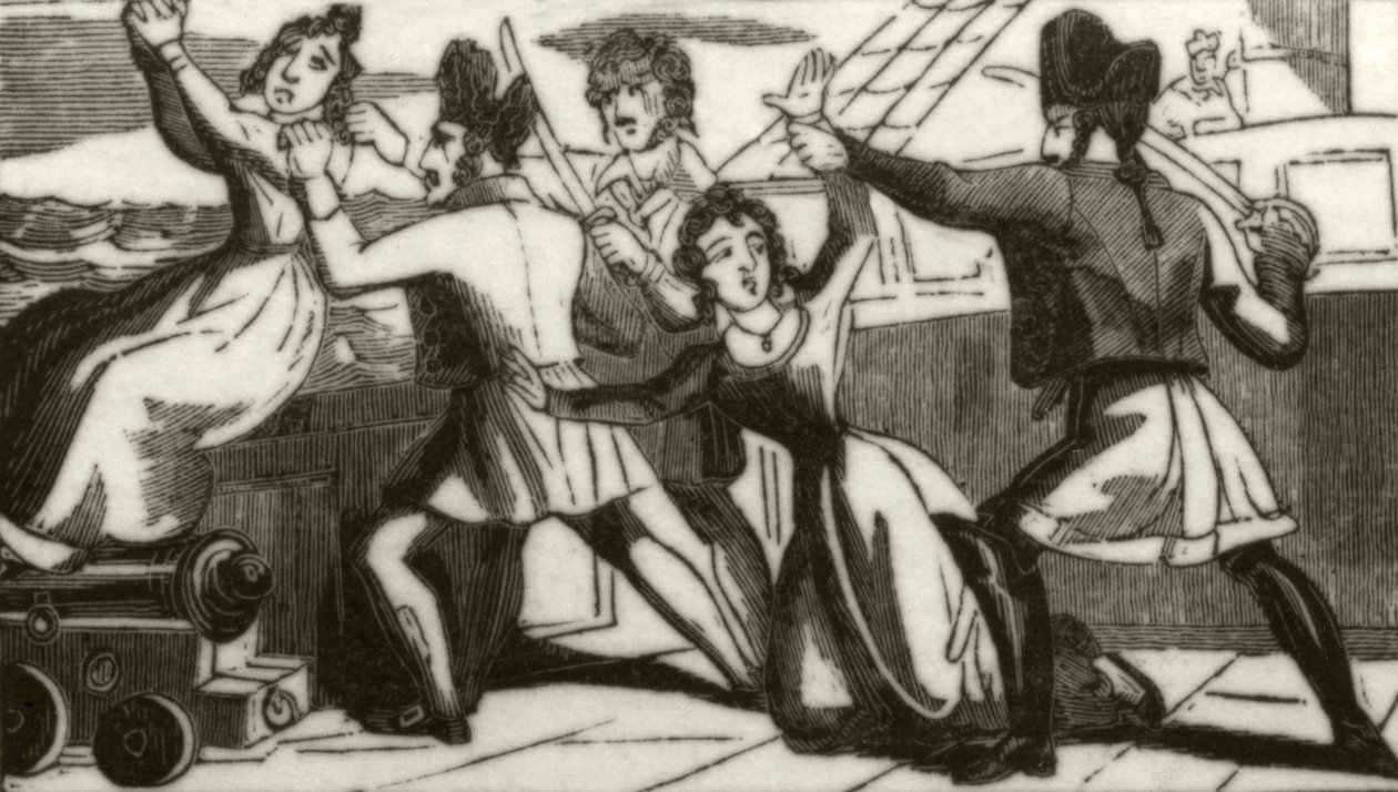 "السيدة جلاس وابنتها تناشد القراصنة لإنقاذ حياتهم" ، حوالي عام 1836 بواسطة فنان غير معروف
