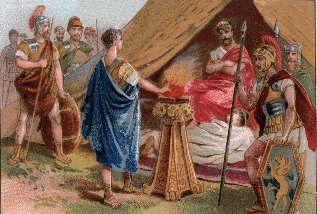 Scaevola قبل Porsena (Scaevola قبل Porsena). سي.موسيوس ، أرستقراطي روماني شاب أسره الحرس الملكي لبورسينا (باستمرار ، بورسينا) بواسطة فنان غير معروف