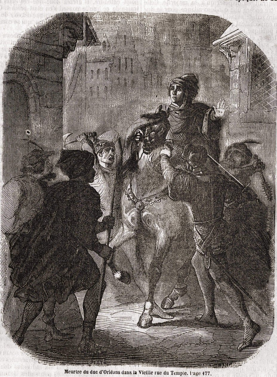 مقتل لويس الأول دي فالوا ، دوق أورليان (1372-1407) في شارع Old Rue du Temple بواسطة جان سانس ببير - في "" تاريخ فرنسا "" بقلم L.-P. Anquetil بواسطة فنان غير معروف