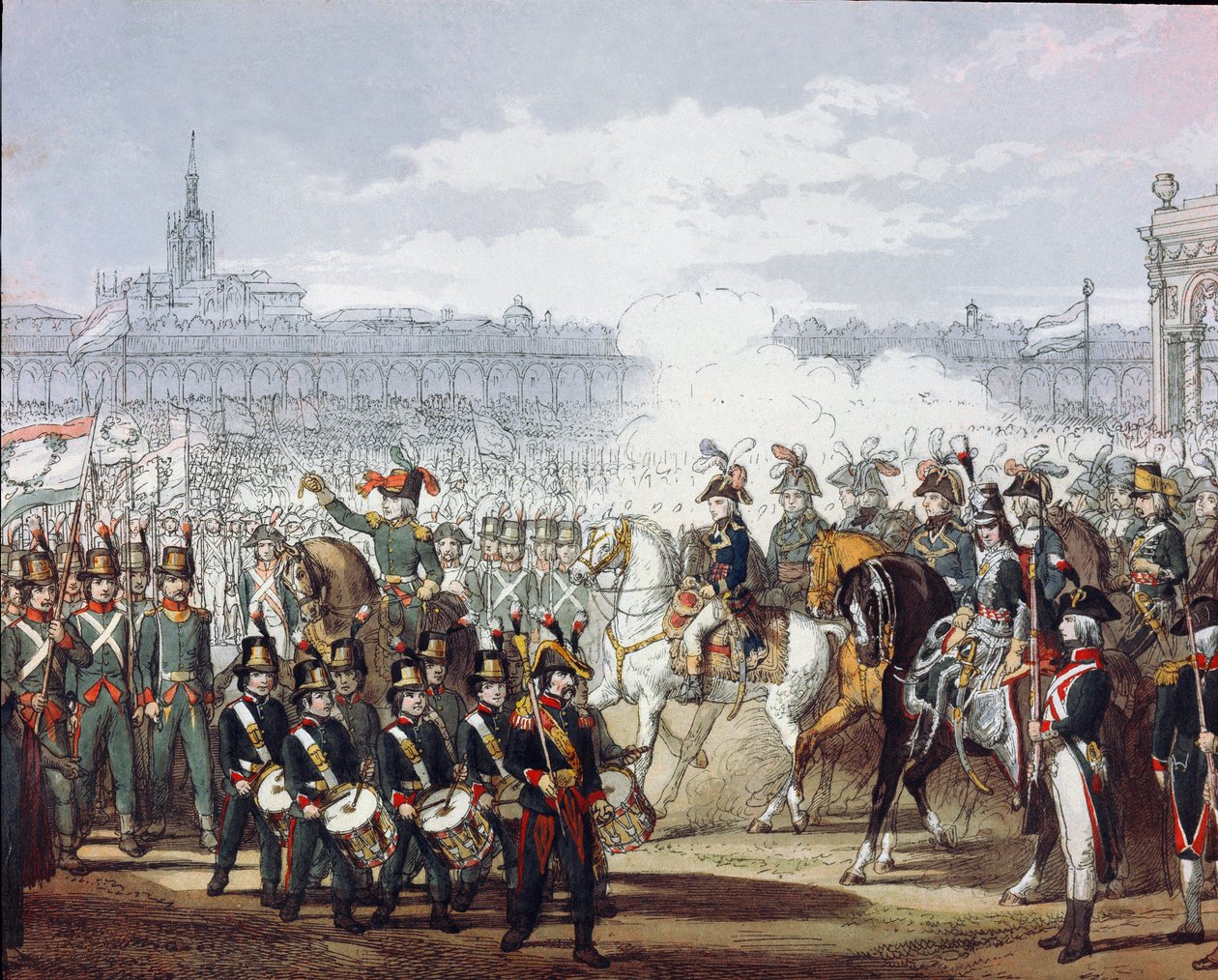 نابليون بونابرت (1769-1821) يستعرض الفيلق اللومباردي وسيسبادان من الميليشيا في 1797/09/9 نقش بالألوان المائية. ميلان ، Museo del Risorgimento بواسطة فنان غير معروف