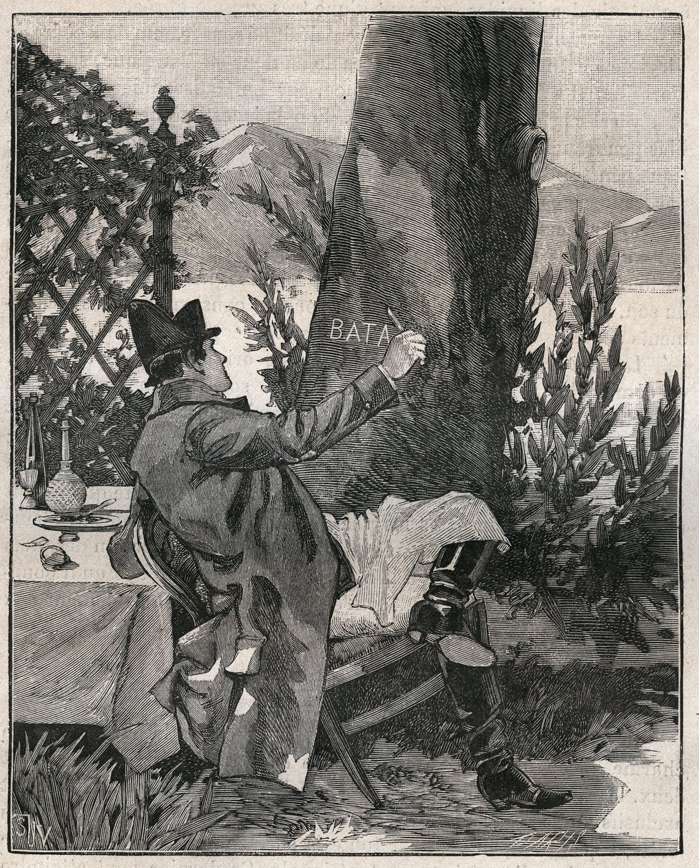 كتب نابليون بونابرت (1769-1821) كلمة "باتاغليا" على جذع شجرة غار في جزيرة إيزولا بيلا على بحيرة ماجوري (لاغو ماجوري) ، قبل ثلاثة أيام من معركة مارينغو في عام 1800. نقش من عام 1885 في "" توضح Les Arts et metiers " بواسطة فنان غير معروف