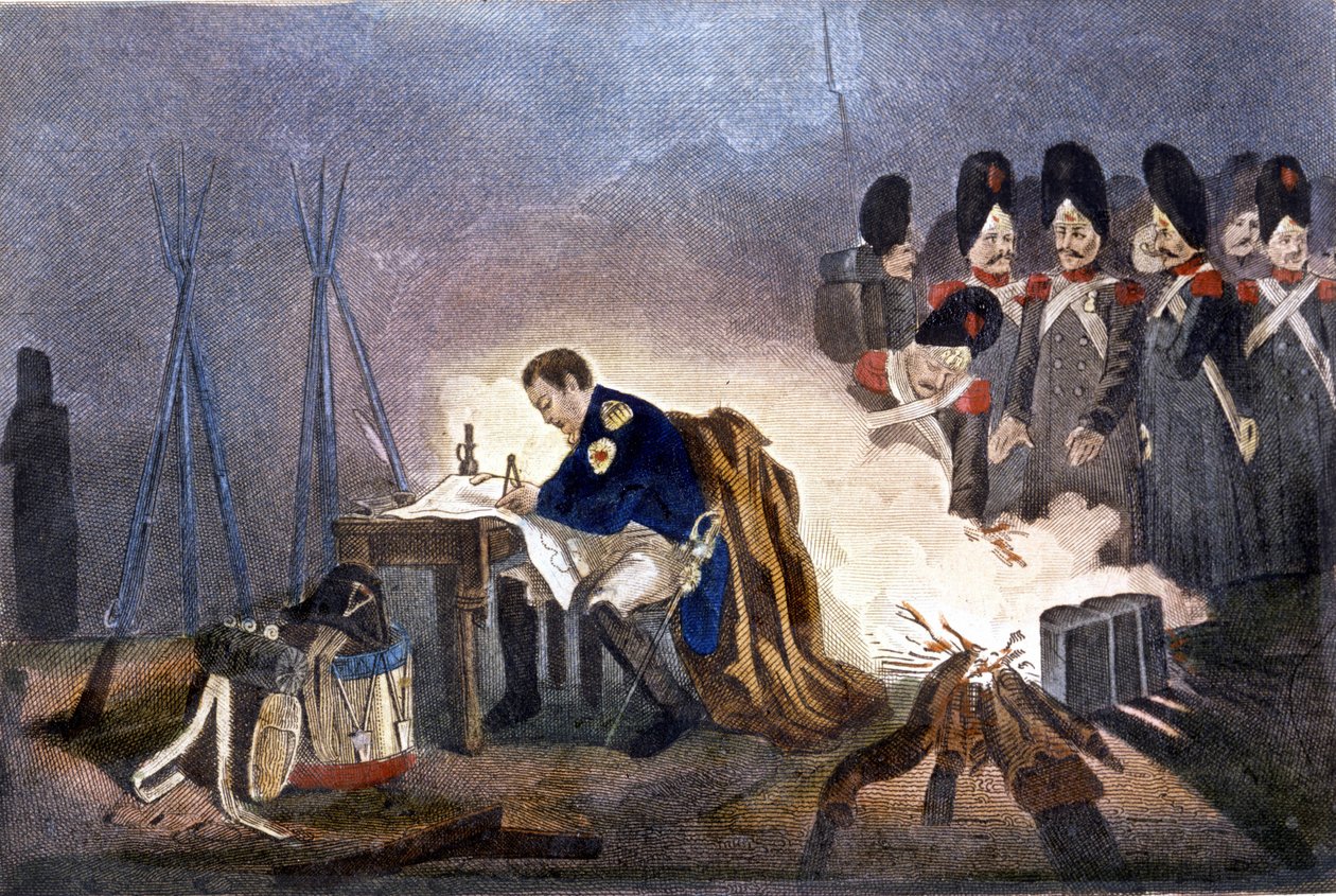 نابليون الأول في معركة باوتزن (ألمانيا). 20-21 مايو 1813. نقش ميلانو التاسع عشر بواسطة فنان غير معروف