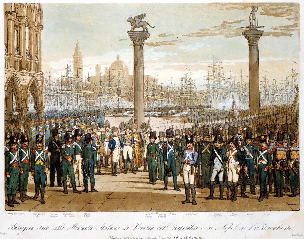نابليون الأول في البندقية في 29 نوفمبر 1807 أمام البحرية الإيطالية ، نقش عام 1845 بواسطة فنان غير معروف