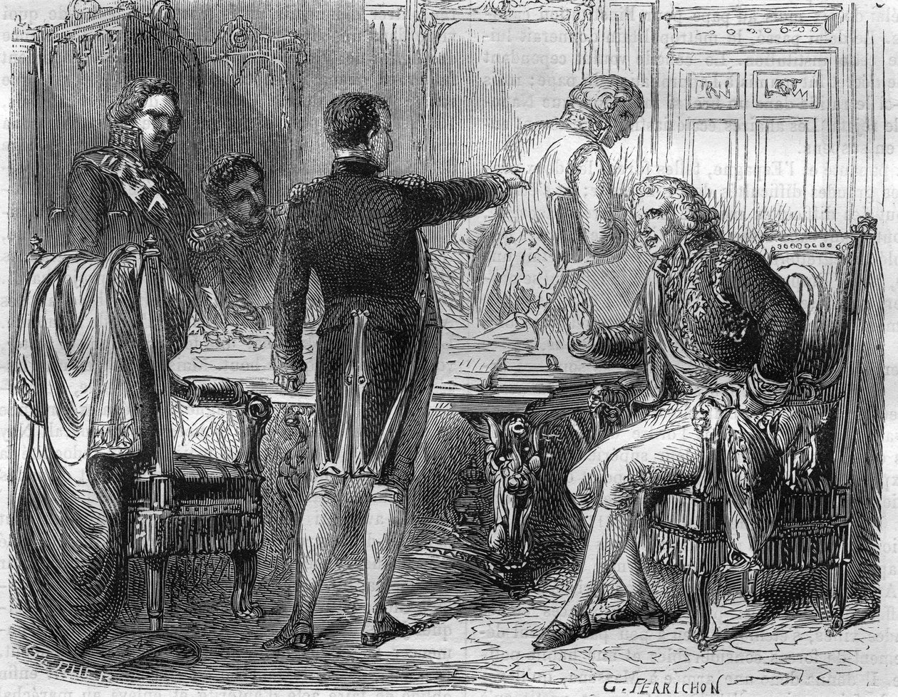 نابليون الأول مع جان إتيان ماري بورتاليس في عام 1811. رجل قانون وسياسي فرنسي (1746 إلى 1807). بواسطة فنان غير معروف