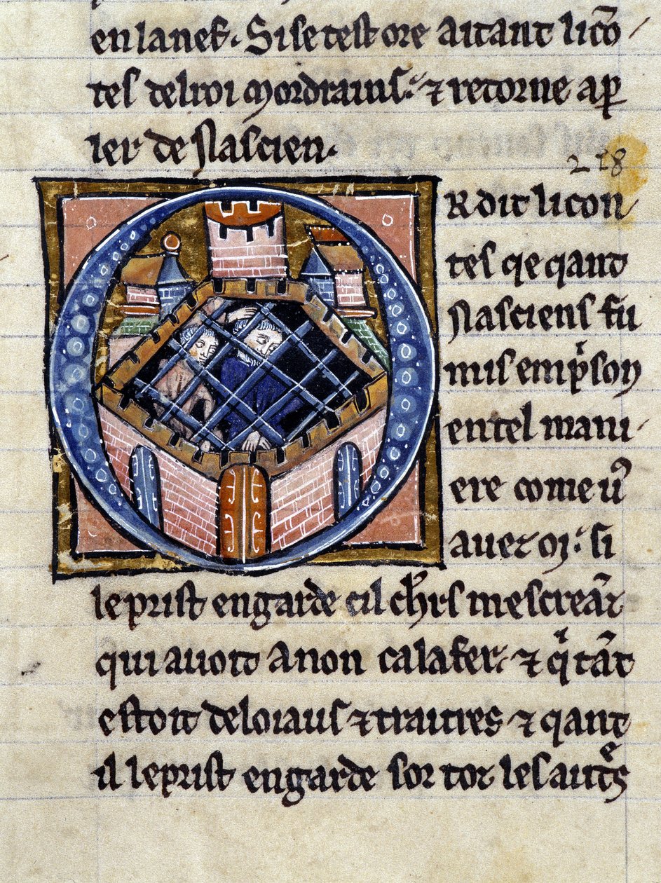 ناسيون في السجن. مخطوطة: غزو القديس غريال ، كتبت بعد 717 سنة من آلام سيدنا. Bibliotheque Municipale de Rennes، ms. 255 (مجموعة روايات المائدة المستديرة) ؛ باريس بواسطة فنان غير معروف