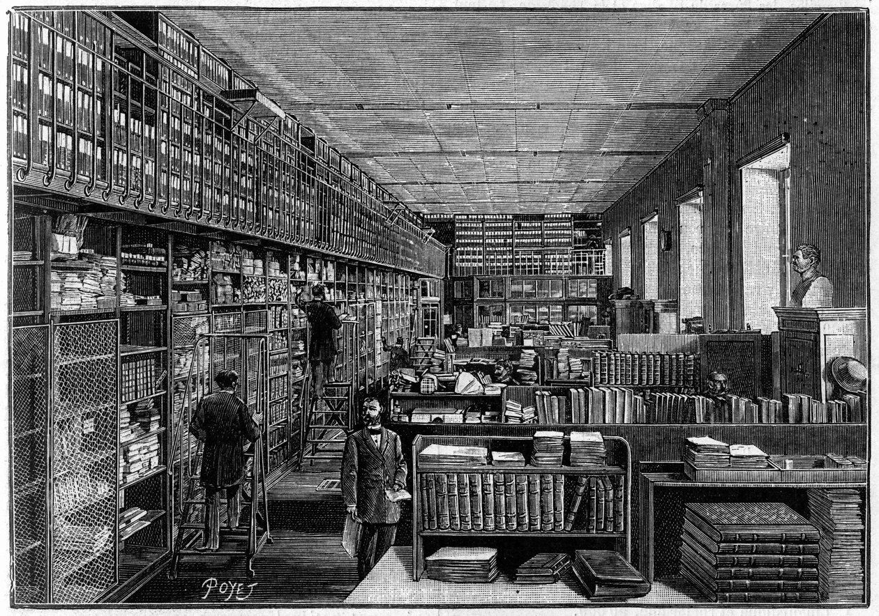 المكتبة الوطنية في باريس: مكتب الفهرس. الطابق العلوي هي صناديق المسرحيات. النقش في "" La Nature: revue des sciences et de leurs applications aux arts et a l'industrie "" الصادر في 1 يوليو بواسطة فنان غير معروف