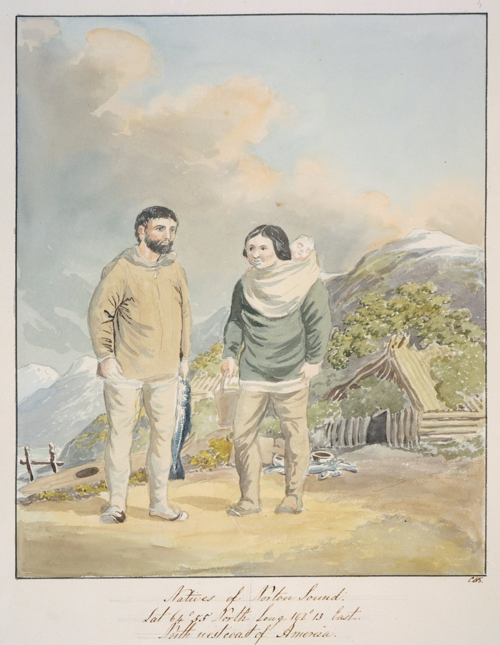 سكان نورتون ساوند الأصليون، الساحل الشمالي الغربي لأمريكا، حوالي 1843-50 (ألوان مائية) بواسطة فنان غير معروف