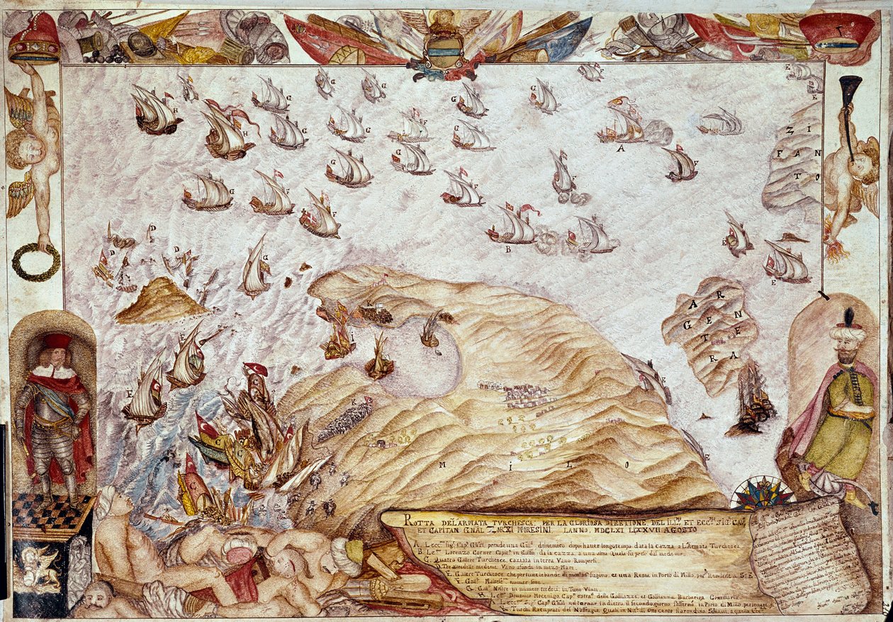 معركة بحرية بين الأسطول التركي والبندقية عام 1661 - صورة مصغرة - البندقية ، مكتبة مارسيانا بواسطة فنان غير معروف