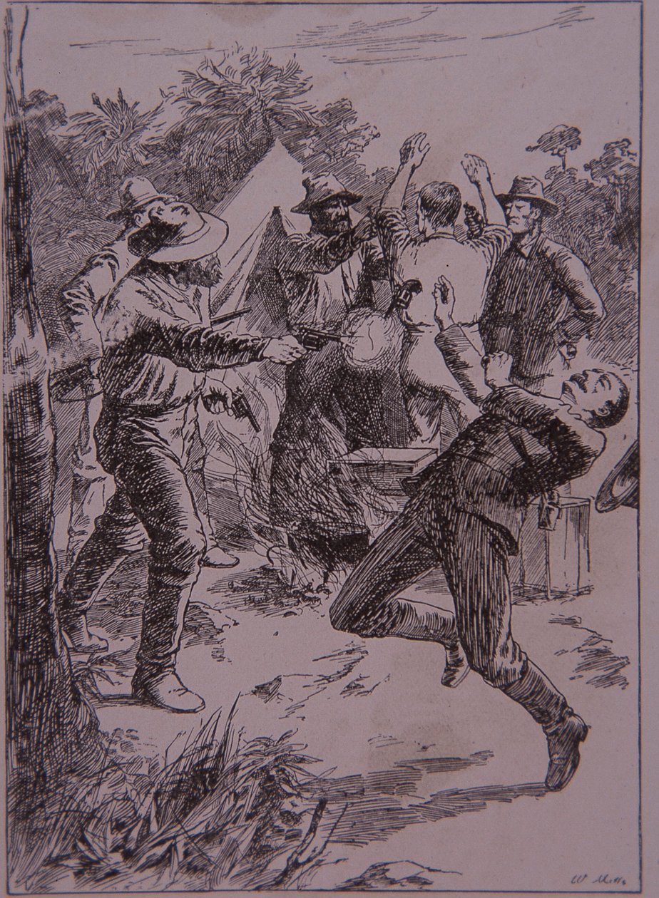 نيد كيلي يقتل شرطي لونيجان في Stringybark Creek في عام 1878 (نقش) بواسطة فنان غير معروف