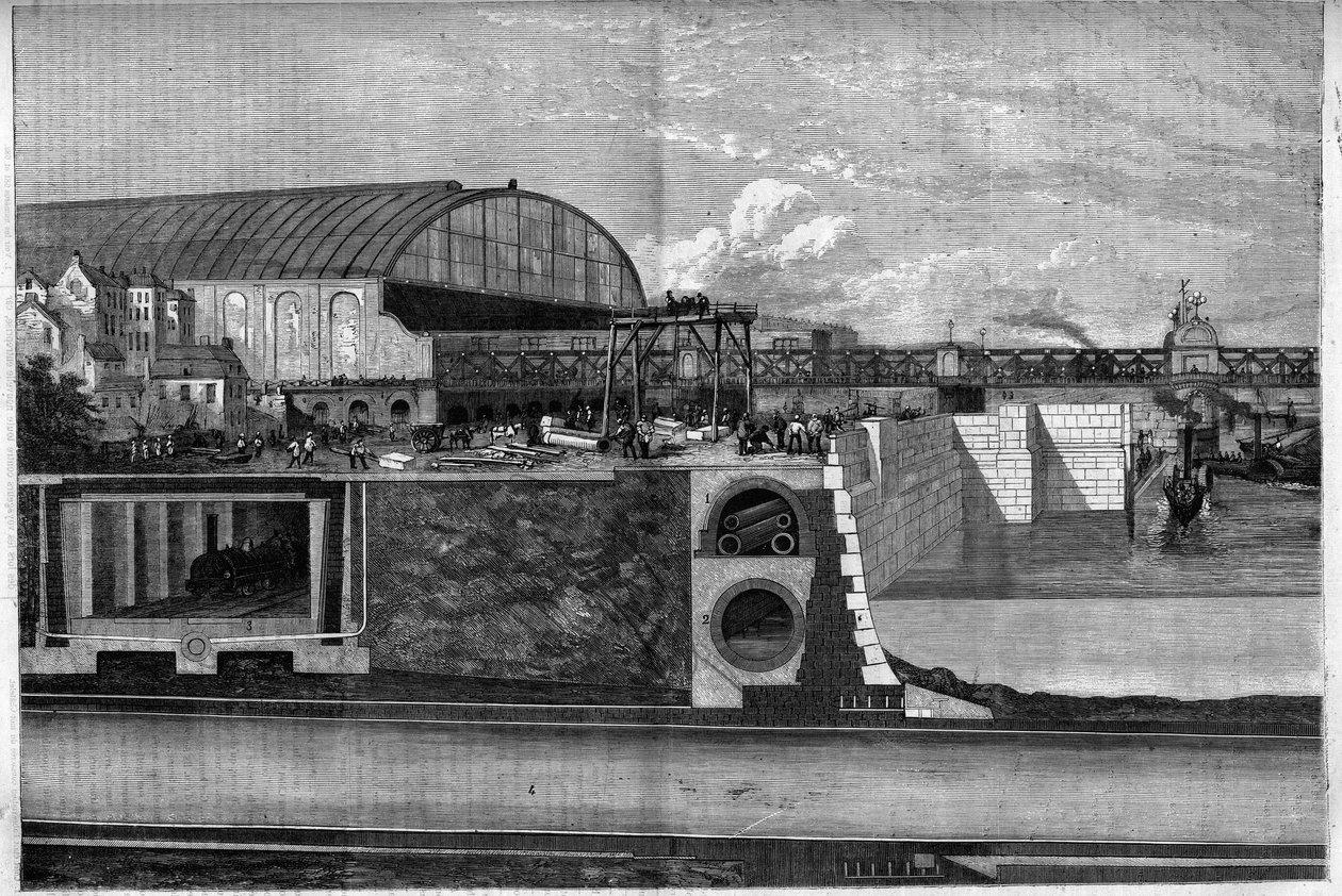 قسم New Thames Wharf في لندن ، إنجلترا يشير إلى: 1. طريق تحت الأرض العلوي لأنابيب المياه والغاز وأسلاك التلغراف. 2. المجاري الأسطوانية. 3. سكة حديد متروبوليتان. 4. سكة حديد الغلاف الجوي. نقش في "" الكون اللامع "" بواسطة فنان غير معروف