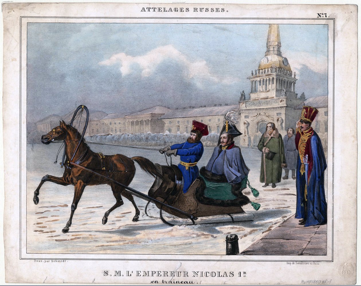 Nicolas I en traineau - نيكولاس الأول من روسيا في مزلقة - مجهول - 1850 - طباعة حجرية ، ألوان مائية - 21،3x26،8 - مجموعة خاصة بواسطة فنان غير معروف