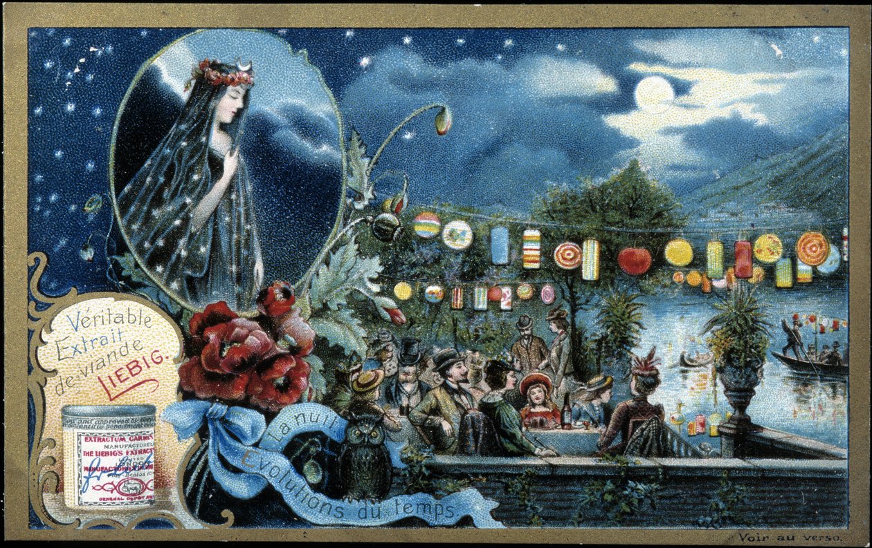 ليلة ، حفلة ليلية مضاءة بالفوانيس ، بالقرب من بحيرة - Liebig chromolithography بواسطة فنان غير معروف