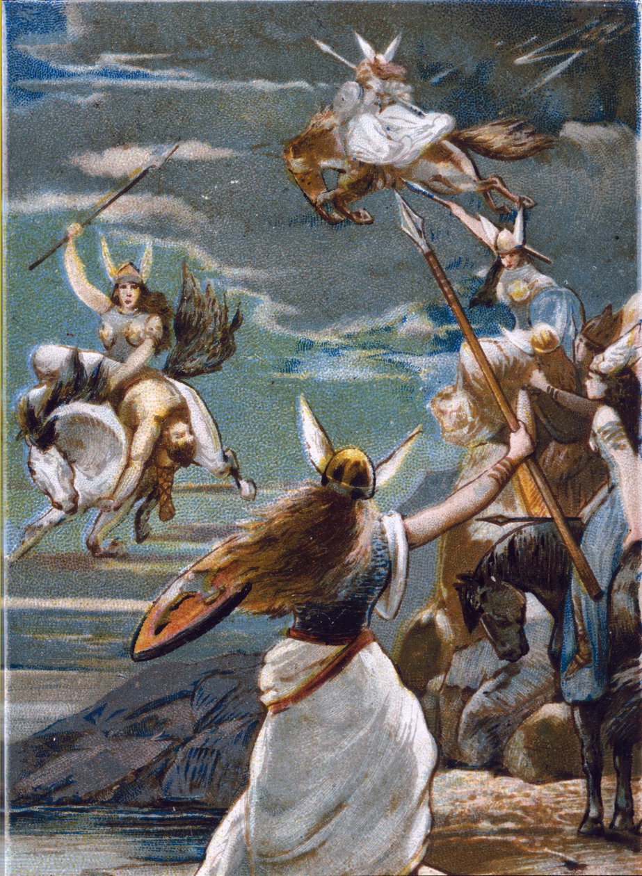 الأساطير الإسكندنافية: The Walkyries (محاربي العذارى) في Valholl (أو Walhalla ، Valhalla ، Valhalle: المكان الذي يتم فيه إحضار المحاربين الشجعان) وسقوط المحاربين في المعركة. الطباعة الحجرية الملونة من القرن التاسع عشر بواسطة فنان غير معروف