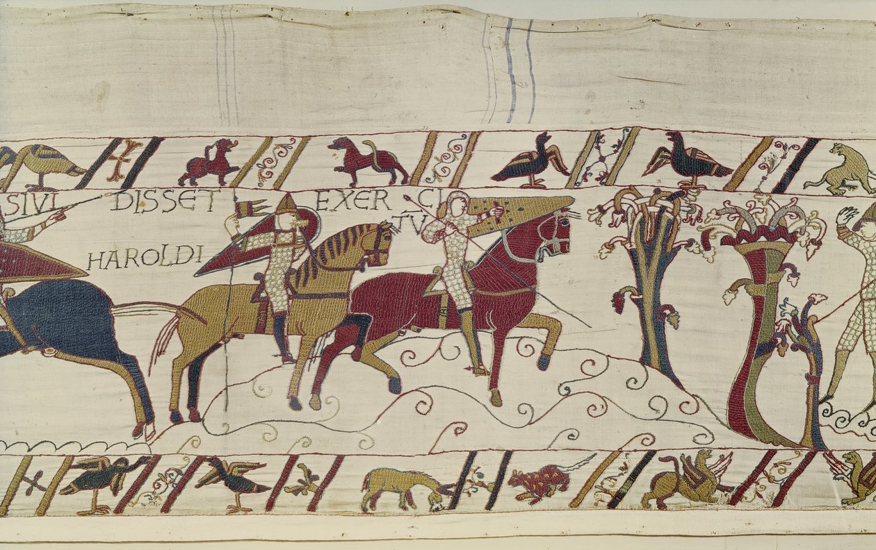 يتم إرسال الكشافة النورماندية لمشاهدة تحركات هارولد ، Bayeux Tapestry (تطريز من الصوف على الكتان) بواسطة فنان غير معروف