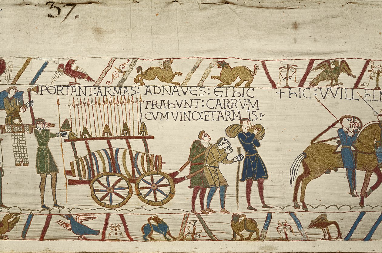 نورمان يسحبون عربة محملة بالنبيذ والأسلحة ، Bayeux Tapestry (تطريز من الصوف على الكتان) بواسطة فنان غير معروف