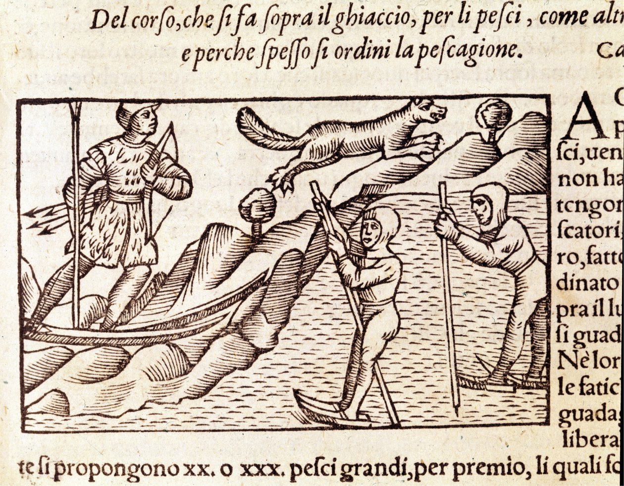 صيادون نرويجيون يتحركون عبر الزلاجات. نقش بواسطة Olaus Magnus (1490 - 1557) ، ديني وجغرافي سويدي ، "Historia de Gentis Septentrionalibus" ، البندقية بواسطة فنان غير معروف