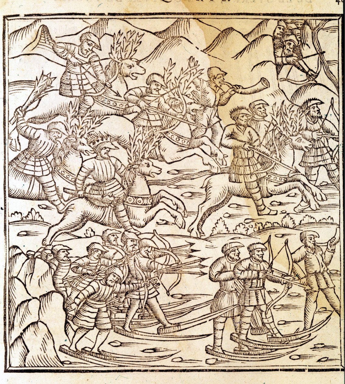 الصيادون النرويجيون يسافرون على الزلاجات وحيوانات الرنة. نقش بواسطة Olaus Magnus (1490 - 1557) ، عالم ديني وجغرافي سويدي ، "Historia de Gentis Septentrionalibus" ، البندقية بواسطة فنان غير معروف