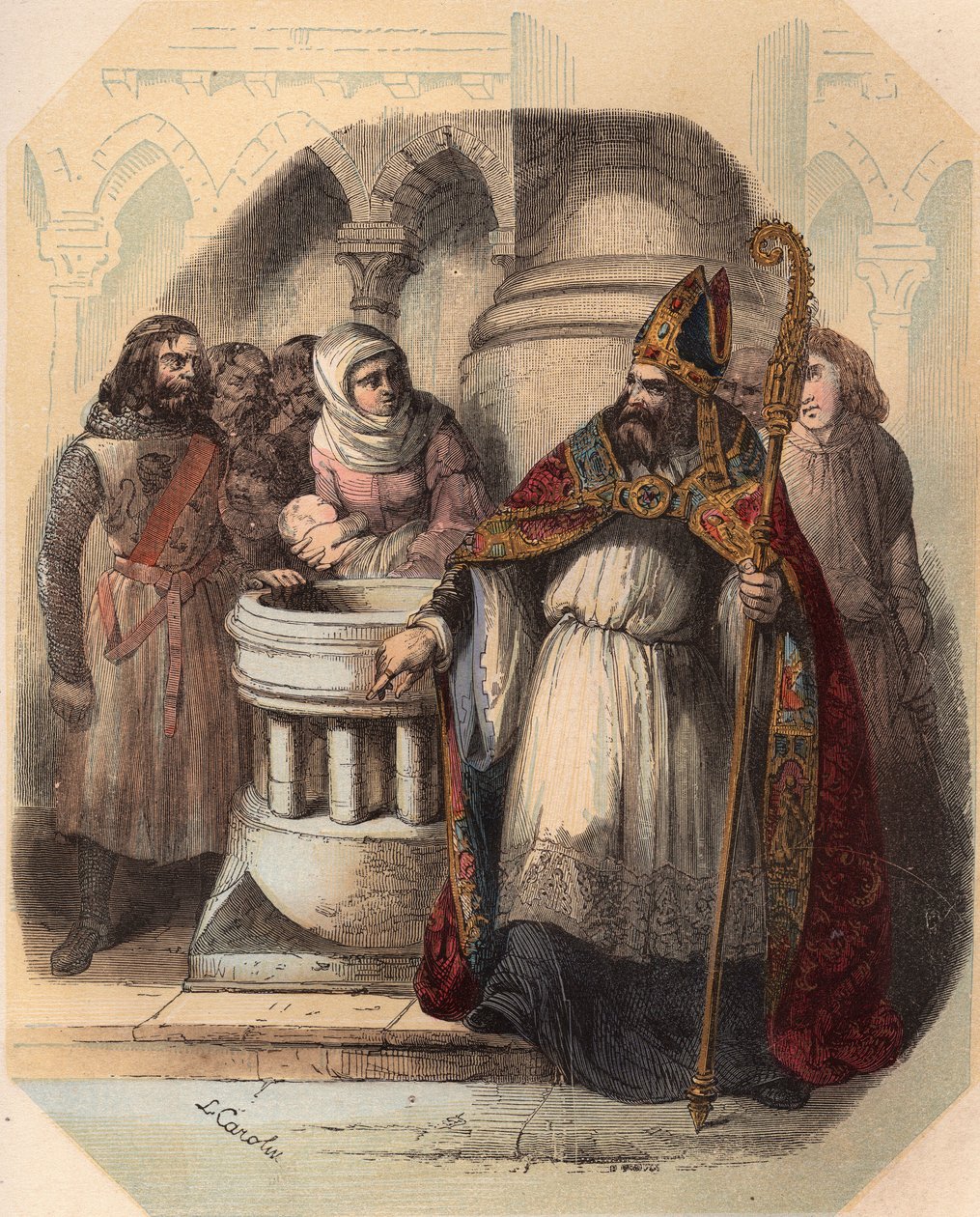 Notger (930-1008) (Notker of Liege) ، eveque of Liege ، أثناء معمودية Otton III (980-1002) ، ملك ألمانيا. نقش من عام 1868 في "Histoire de Belgique من العصور البدائية حتى نهاية عهد ليوبولد الأول" بقلم ثيودور جوست (1818-1888). بريفا بواسطة فنان غير معروف