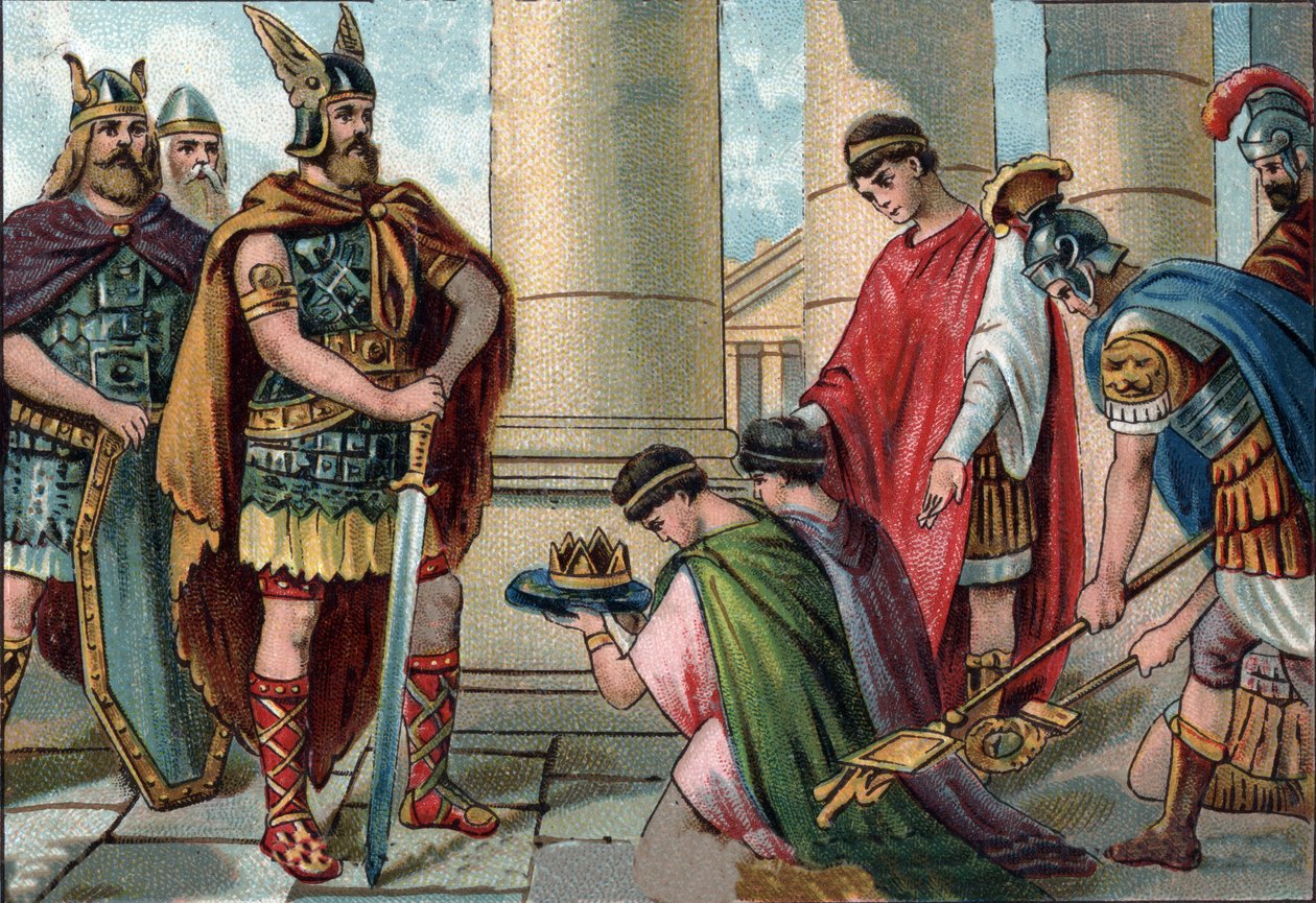 Odoacre (Odovacar ، 435-493) ، رئيس Herules ، يلزم التنازل عن Romulus Augustule ، في اللاتينية Flavius Romulus Augustus (أو Romulus Augustulus (فيه). Romolo Augustolo) ، حوالي 460 - 511) ، آخر إمبراطور روماني من الغرب في 476. Chromolithography بواسطة فنان غير معروف