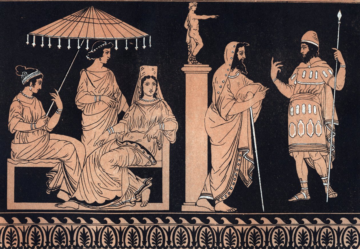 Odyssey by Homer - Ulysses at court of Alcinous - Odyssee d'Homere: "Ulysses a la cour d'Alcinoos" يطلب يوليسيس من Alcinous (Alcinoos، Alkinoos) المساعدة اللازمة للعودة إلى وطنه - نقش من "Usi e Costumi di Tutti II Popoli dell'Uni بواسطة فنان غير معروف